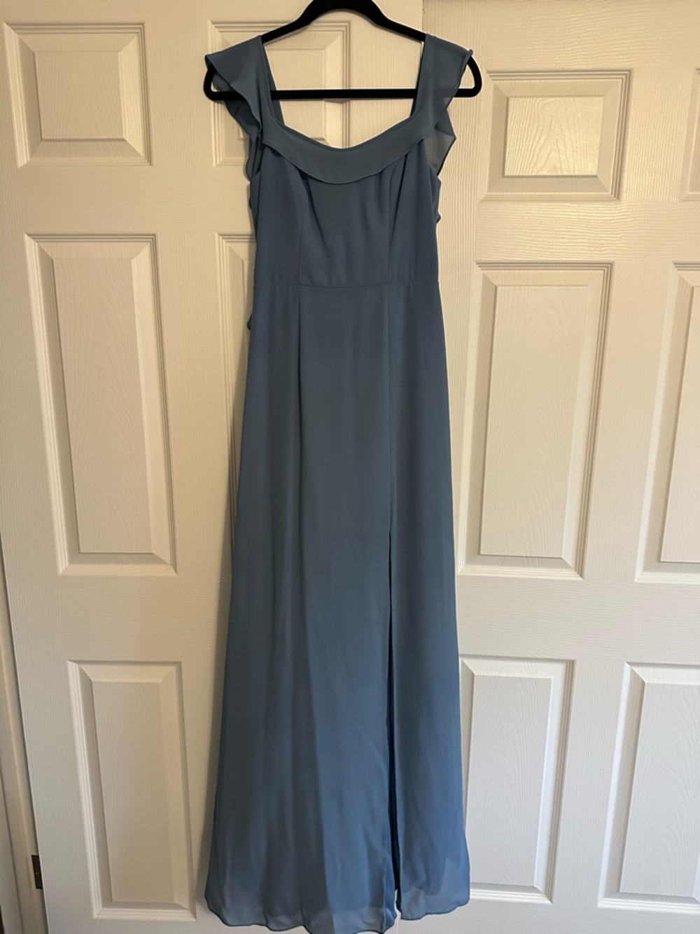 Elegant Slate Blue Ruffle Shoulder Maxi Dress